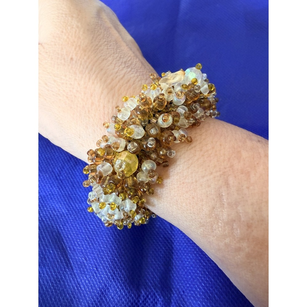 Brown Glass Beaded Stretch Bracelet Womens Cuff Multicolor Boho Statement